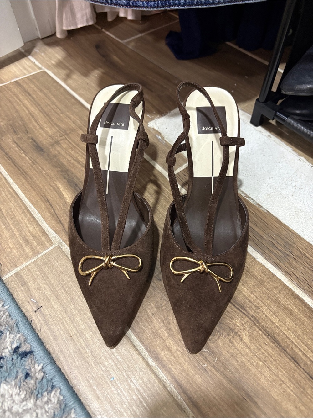 Dolce Vita Brown Suede Pointed Slingback Pumps with Gold Bow Accent